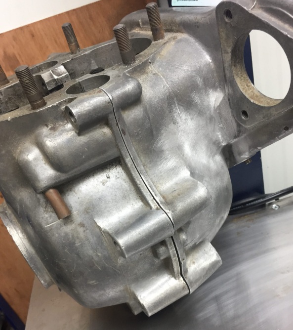 Repaired classic motorcycle engine case after precision TIG welding restoration